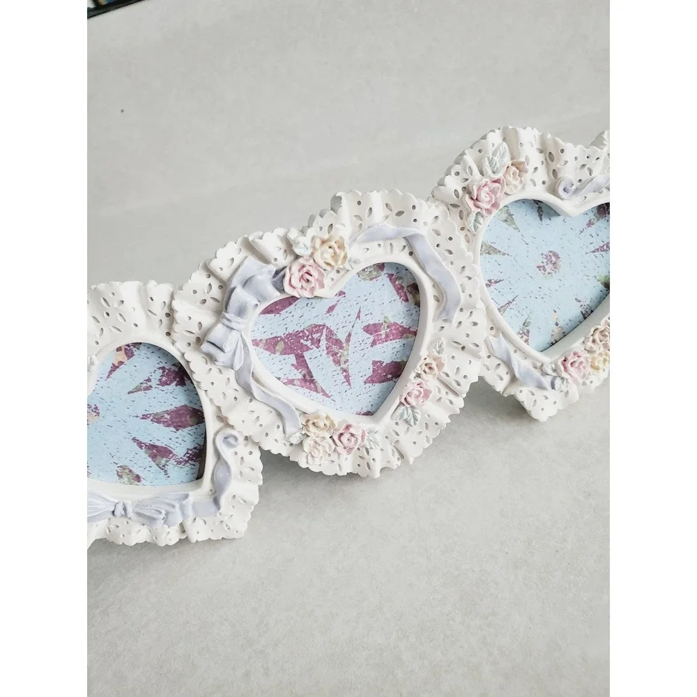 Vintage Heart Triple Picture Frame White Resin Shabby Chic Floral Cottagecore